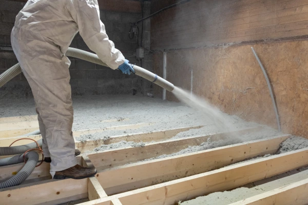 Cellulose being sprayed in between ceiling joists in an attic
