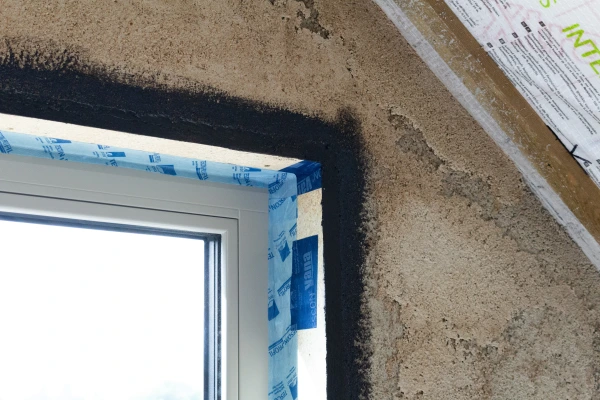 A window corner junction showing Bosig Phonotherm and Aerosana Visconn airtight liquid membrane