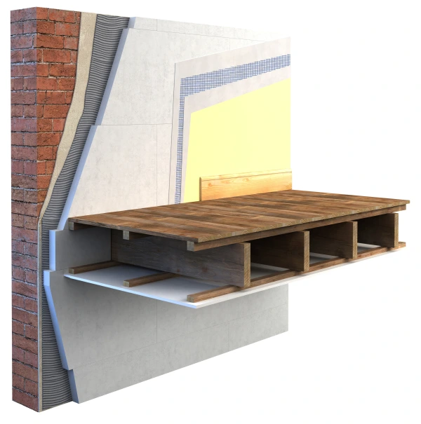 Calsitherm Redstone applied to a brick wall and on ceiling