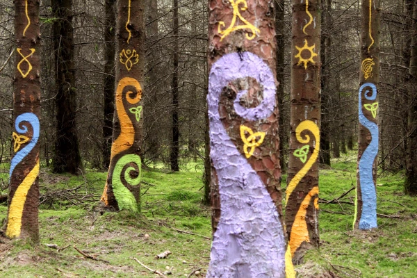 Celtic tree mural in Derryounce woods painted with Auro natural paint