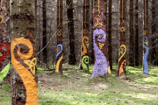 Celtic loops painted on trees with Auro natural paint
