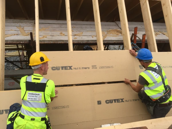 Gutex Multitherm woodfibre insulation applied externally on a two story timber frame