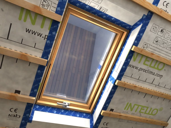 Intello Plus airtight membrane and Tescon No.1 airtight tape around a window in a loft