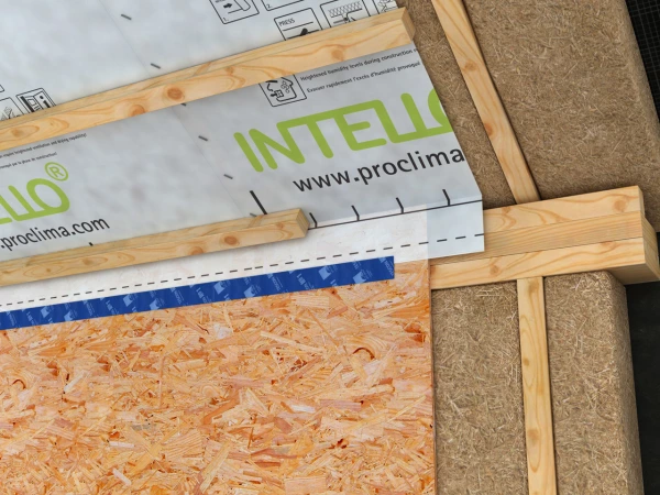 Intello airtight membrane fixed over Celenit wood wool boards