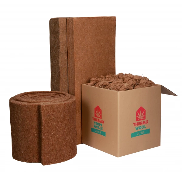 A roll, mats and a box of Thermo Jute insulation