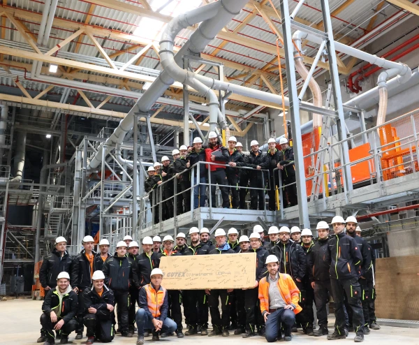 The first wood fibre insulation board produced at the new Gutex production plant near the Black Forest in Germany.