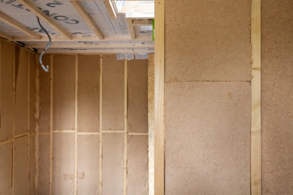 Gutex Thermoflex flexible wood fibre insulation mats fitted between stud walls on a low-energy newbuild