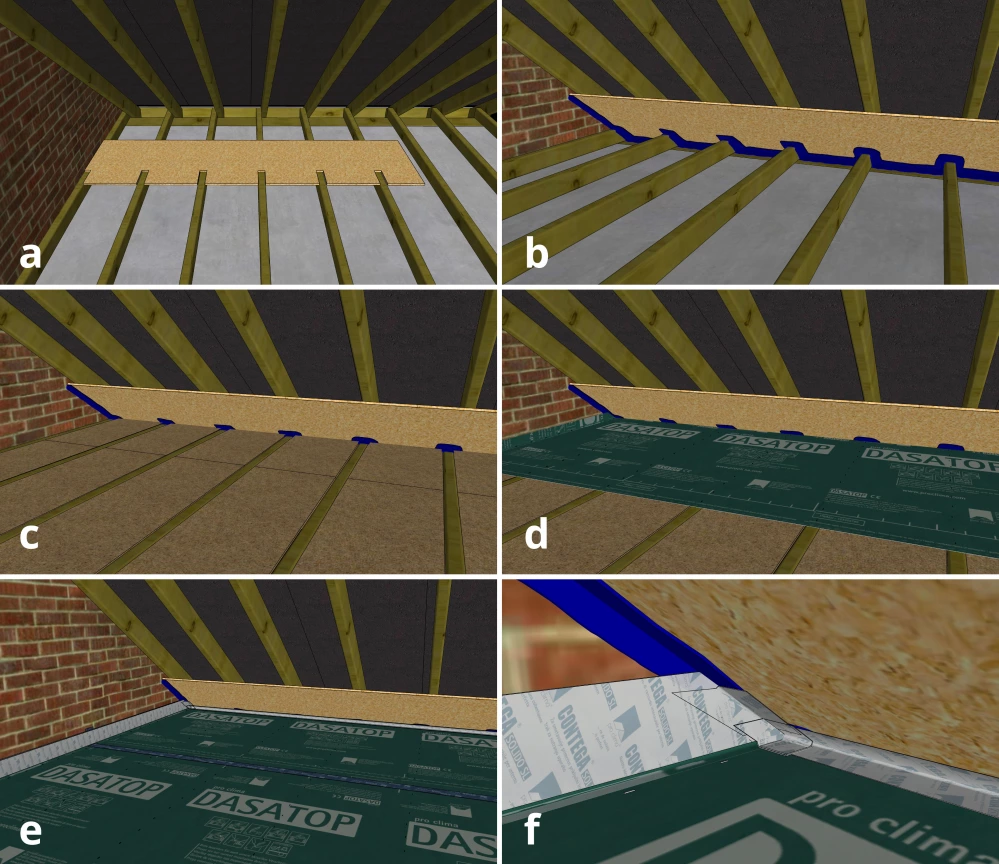 Fig 13 a-f. Timber board and Dasatop sealed at the eaves