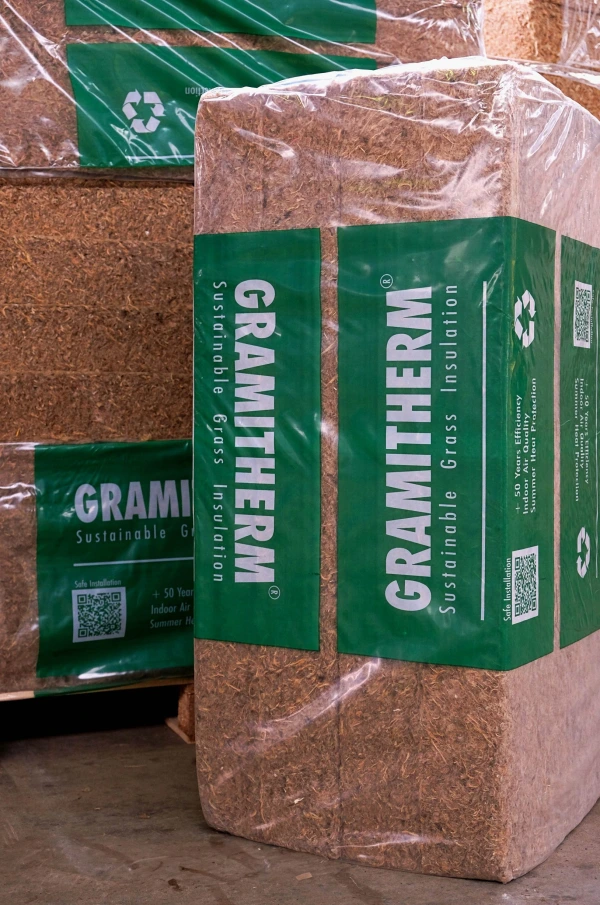 Packaged batts of Gramitherm Sustainable Grass Insulation