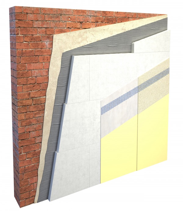 Calsitherm boards with exposed external plaster and mesh