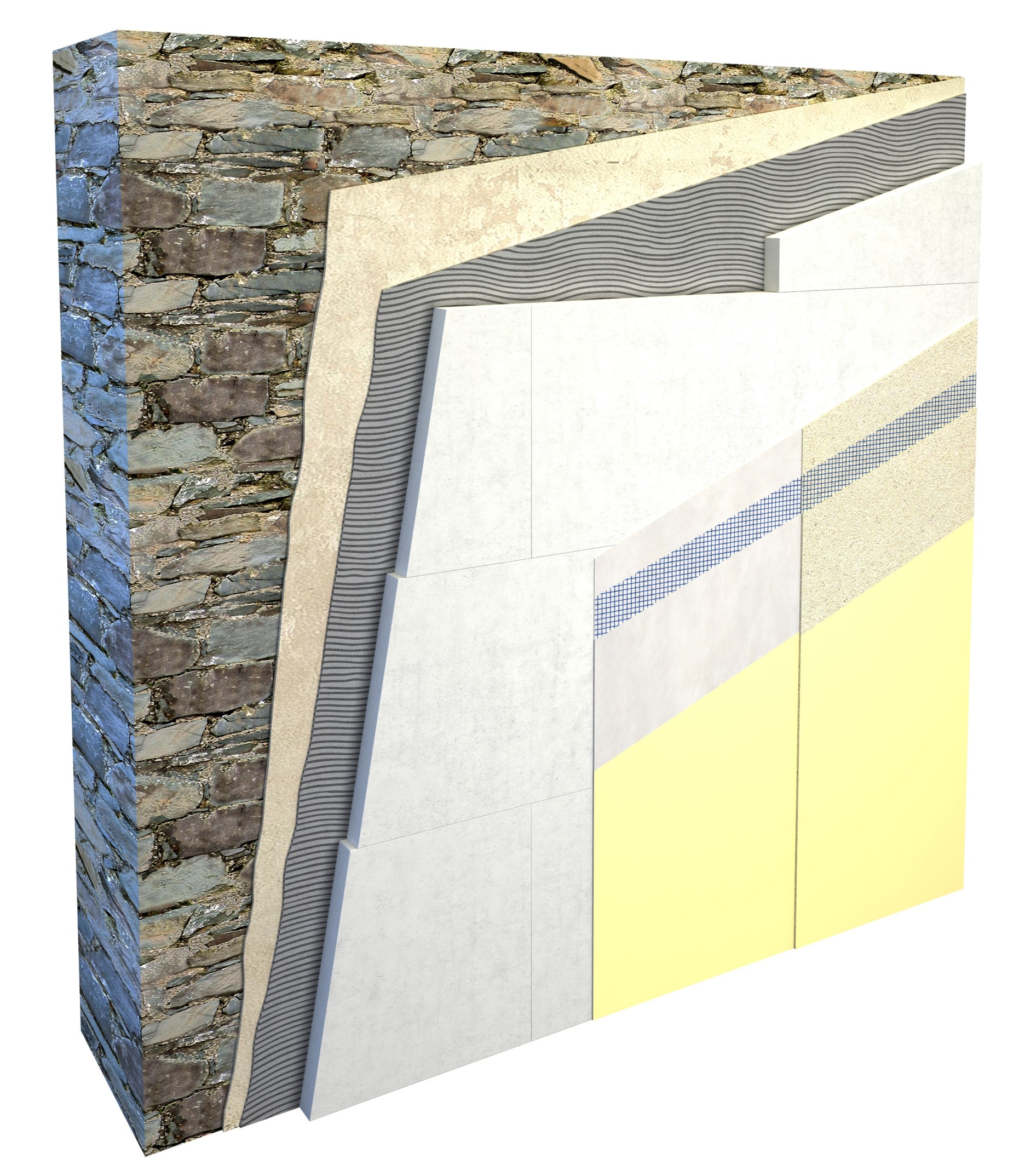 Clima Redboard Pro system applied to solid stone wall. Lime plaster levelling coat, then adhesive, then finishing plaster, mesh and breathable paint.