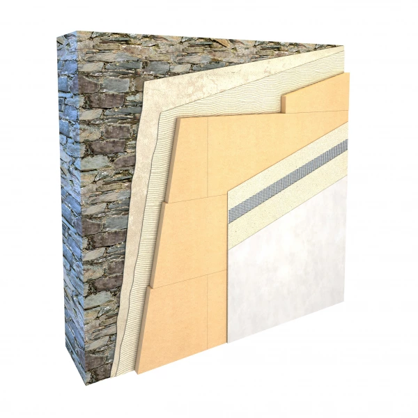 Thermoroom boards applied to a stone finish wall showing Thermoroom mesh embedded between 2 layers of plasters.