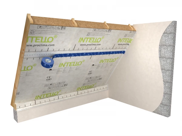 Cross section of a wall fitted with Intello Plus being taped at overlaps with Tescon Vana airtight tape