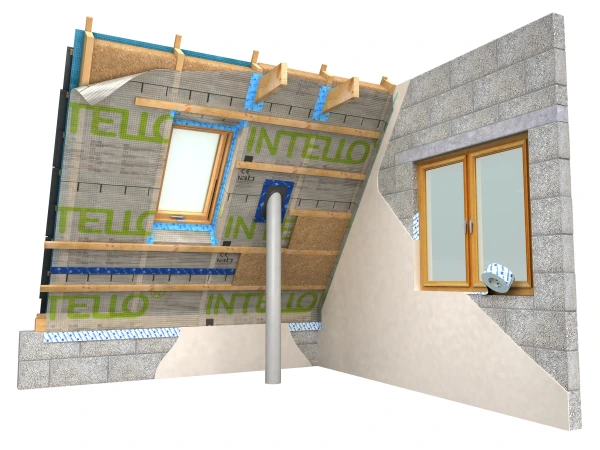 Cross section of a block wall with Contega Solido SL airtight tape being applied around a window