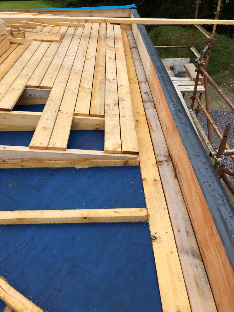 Solitex Plus on roof of Passive House with timber rafters showing