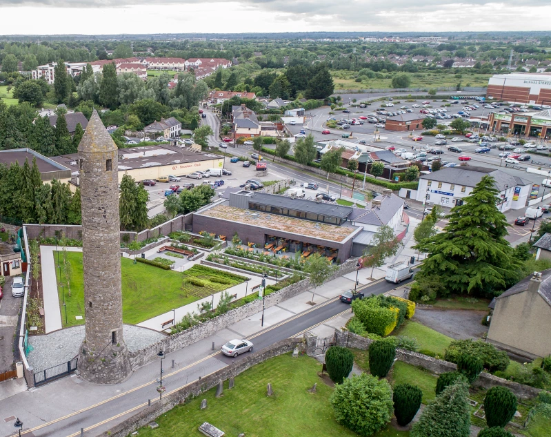 Drone photograph of Clondalkin Round Tower visitor centre