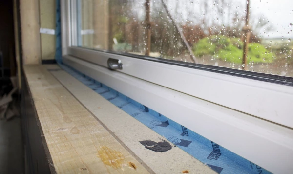 Bosig structural insulation board with Tescon Profil airtight tape on a window