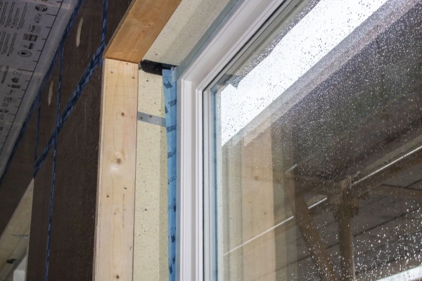 Bosig structural insulation board with Tescon Profil airtight tape at the corner junction of a window