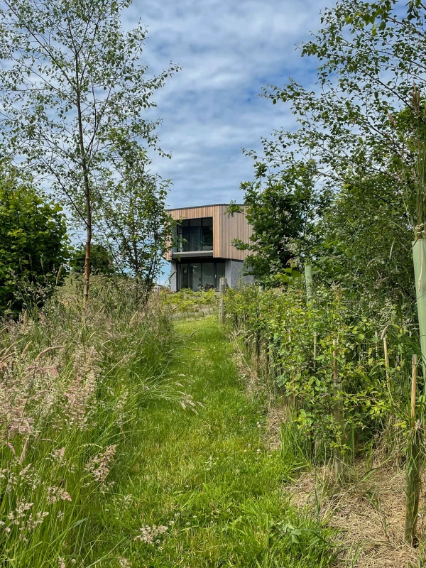 Knockboy barn passive house as viewed from the bottom of a hill with a fence in the foreground