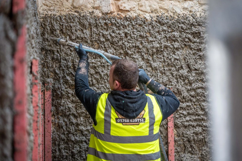 Diathonite Thermactive being spray applied onto the stone wall of a barn