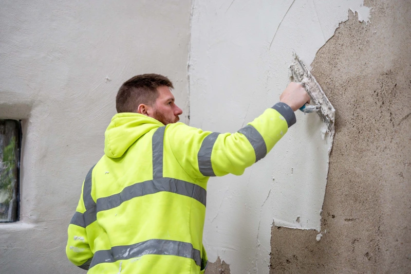 Diasen Argatherm finishing plaster being plastered over an undercoat of Diathonite Thermactive