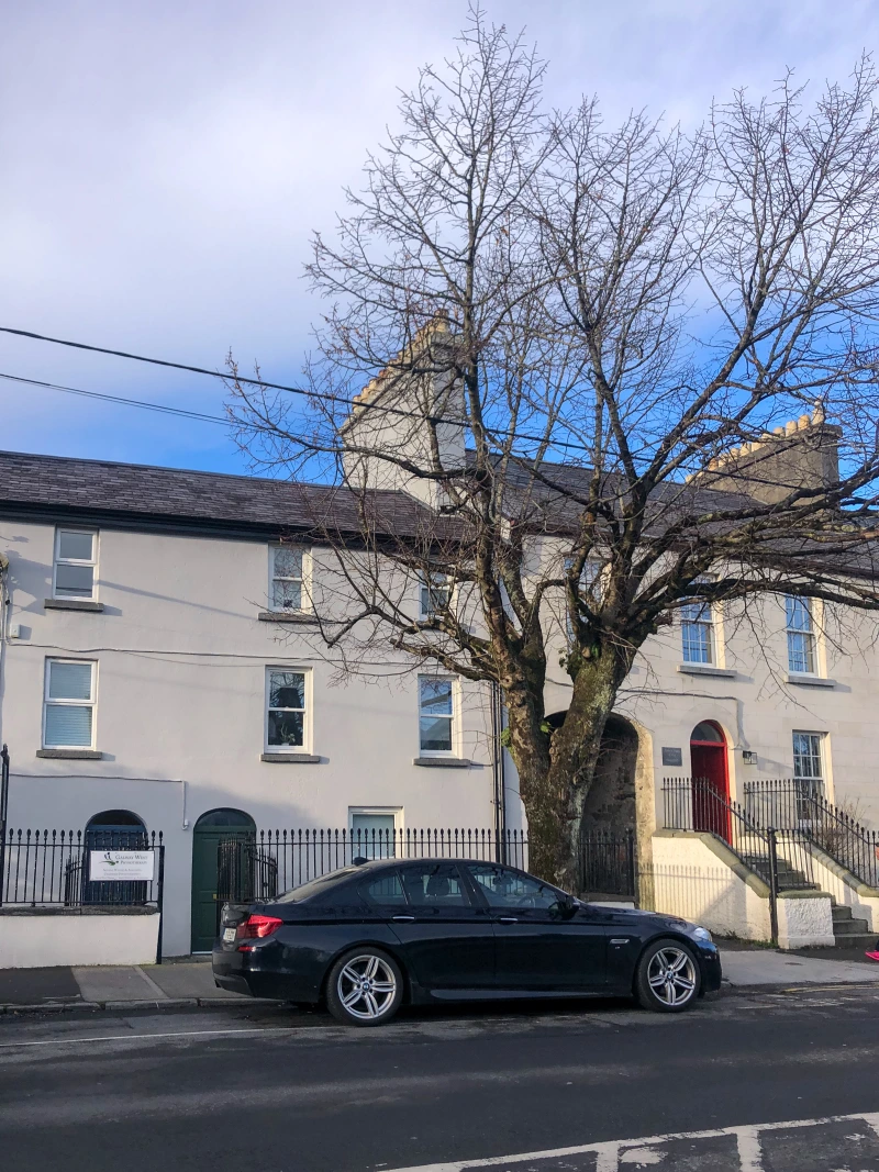 The front street view of a period townhouse in Galway