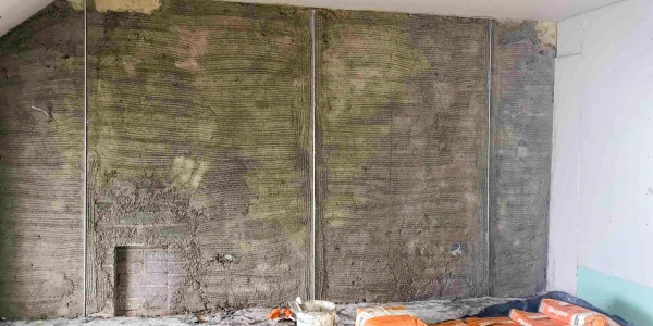 Masonry walls coated in Diathonite Evolution cork and lime based plaster