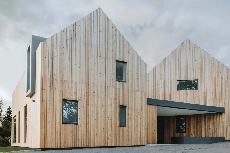 The two prominent ridges on Silver Bark Passive House showing larch cladding finish