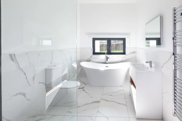 White finished bathroom with decorative tiles of a passive house in Castlebar, Co. Mayo